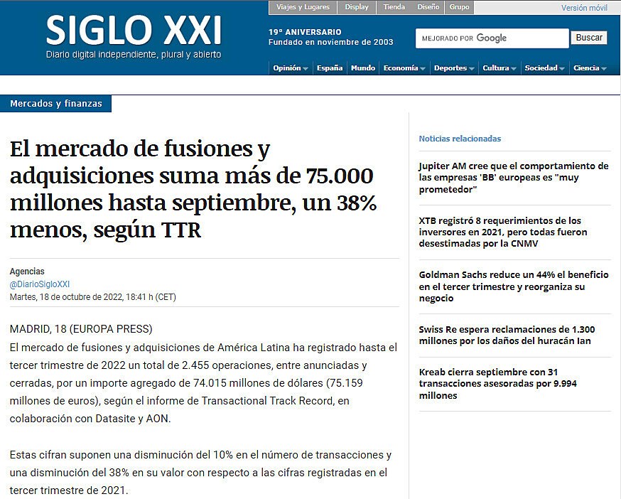 El mercado de fusiones y adquisiciones suma ms de 75.000 millones hasta septiembre, un 38% menos, segn TTR